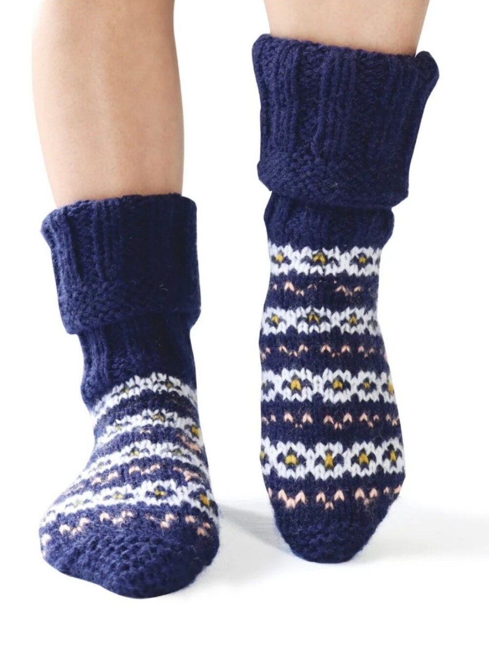 Fazl Fair Trade Navy Patterned Wool Socks - Navy with Light Blue & Pink Accents